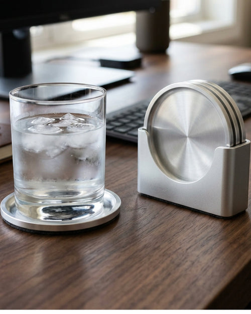 Zorao Brushed Aluminum Round Coasters Set of 4 with Stand Silver - Lifestyle view