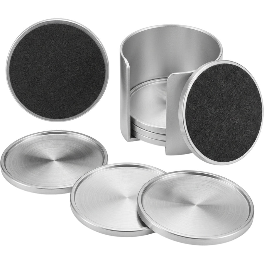 Zorao Brushed Aluminum Round Coasters Set of 4 with Stand Silver