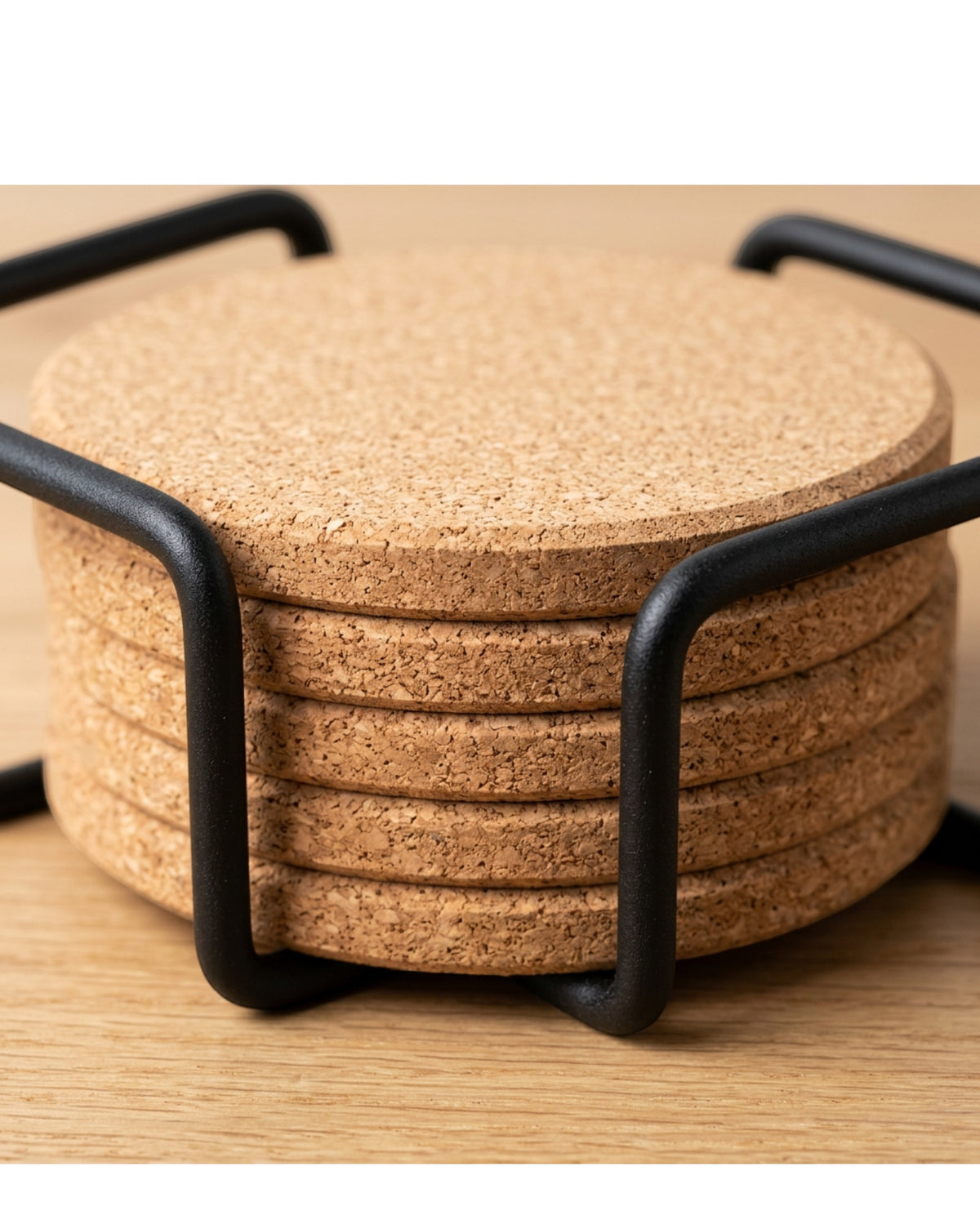 Zorao Round Cork Coasters Set of 6 with Black Steel Holder Natural - Detail view
