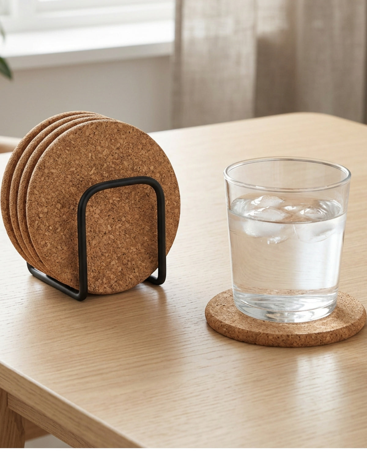 Zorao Round Cork Coasters Set of 6 with Black Steel Holder Natural - Lifestyle view