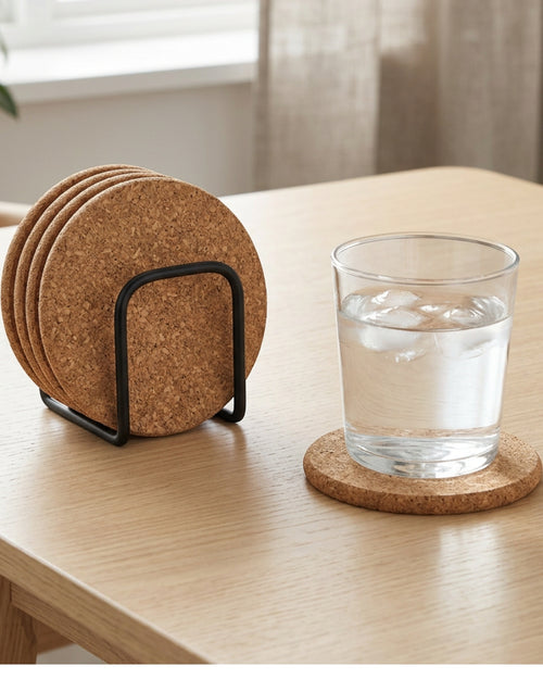 Zorao Round Cork Coasters Set of 6 with Black Steel Holder Natural - Lifestyle view