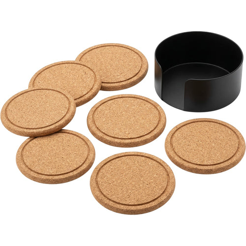 Zorao Round Cork Coasters Set of 6 with Black Steel Holder Natural - Product view